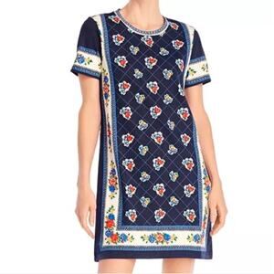 Tory Burch Printed T-Shirt Dress Navy Tea Rose Border pattern.